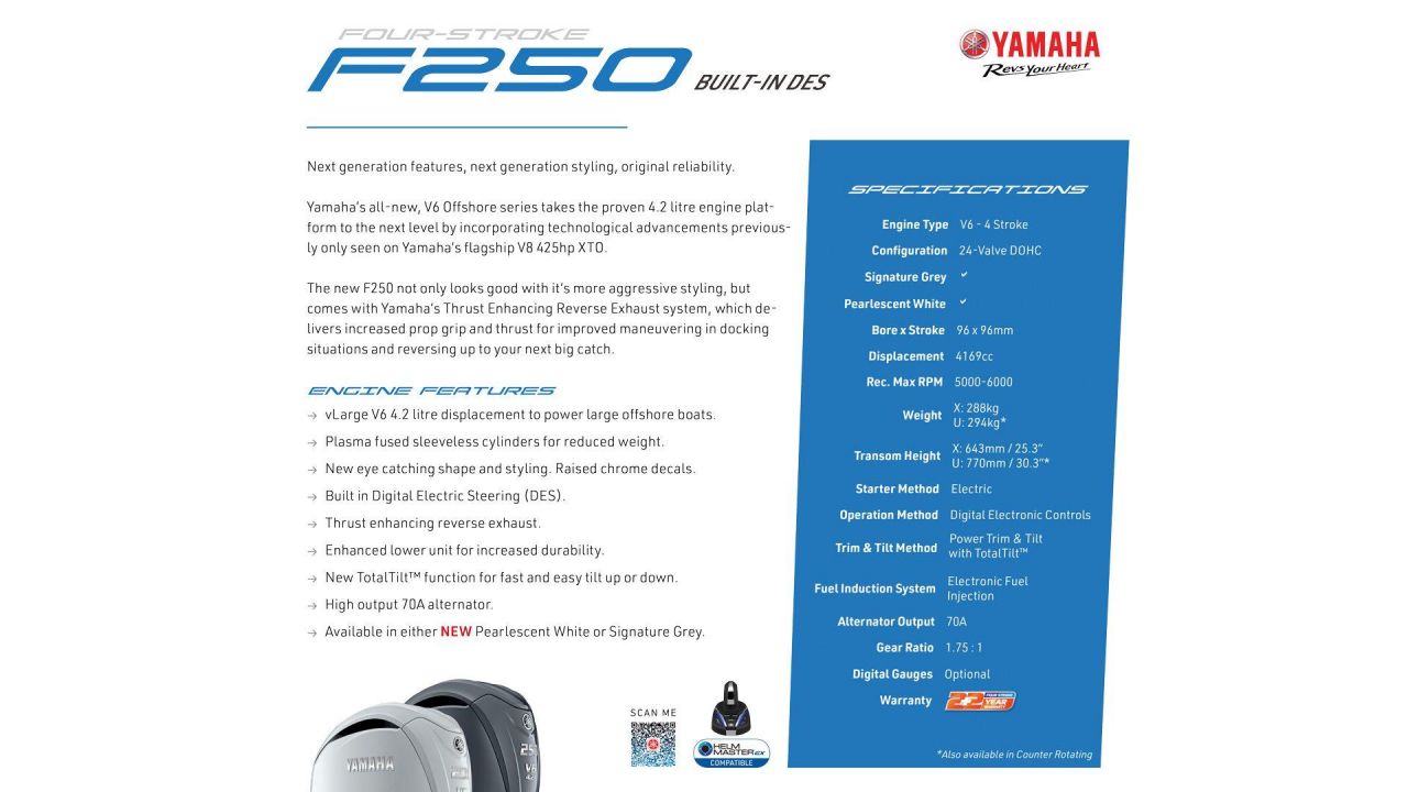 Image for F250XSB2 DES(Digital Electric Steering) Pearlescent White Yamaha 4 Stroke 250hp Extra-Long Shaft EFI OUTBOARD FOR SALE 1