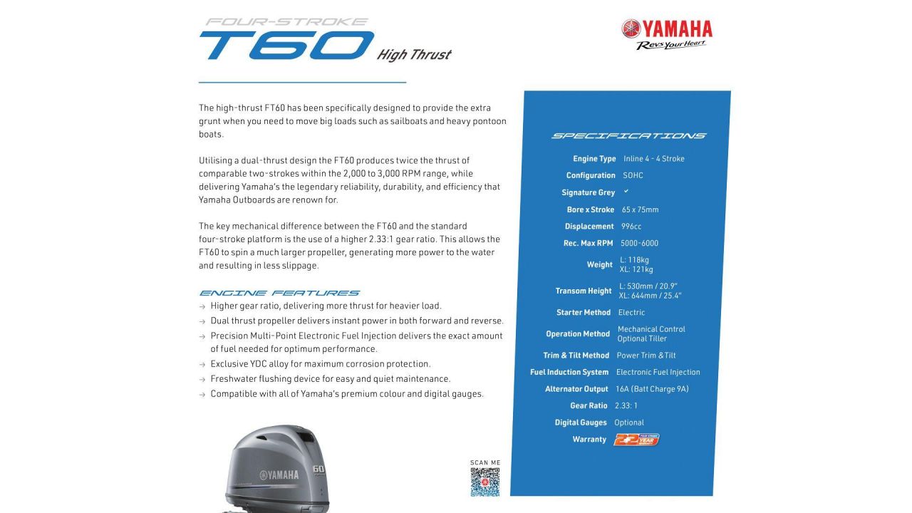 Image for T60LB Yamaha 4 Stroke 60hp Long Shaft EFI - HIGH THRUST OUTBOARD FOR SALE 1