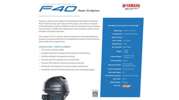 F40LA Yamaha 4 Stroke 40hp Long Shaft EFI OUTBOARD FOR SALE image
