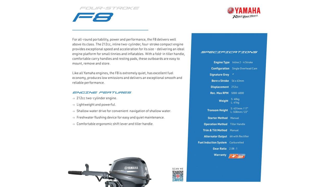 Image for F8LMHB Yamaha 4 Stroke 8hp Long Shaft PORTABLE OUTBOARD FOR SALE 1