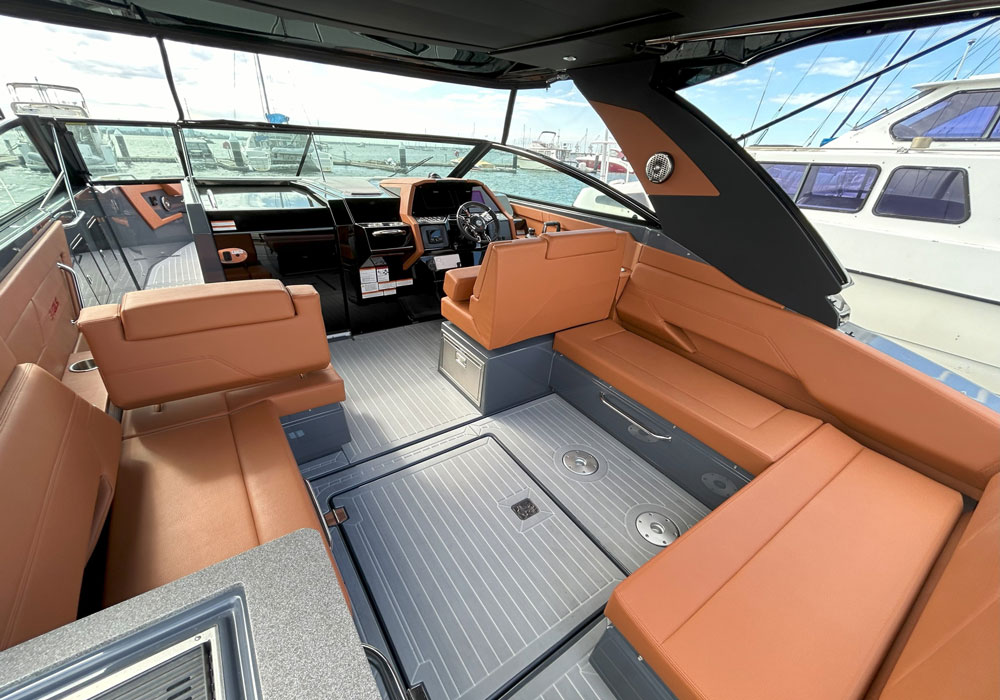 Cockpit L-shaped seating, adjustable backrests, large aft facing sunpad, lower saloon features